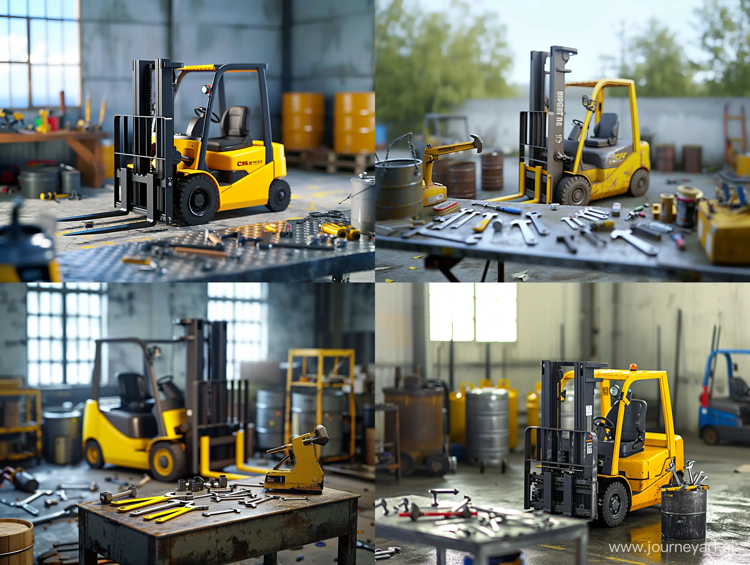 Professional-Forklift-Repair-Scene-with-Tool-Table-and-Barrels