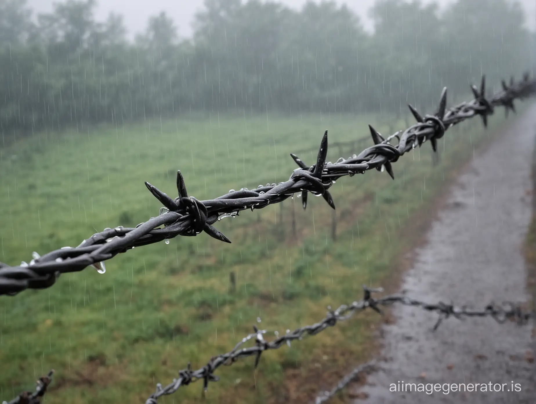 Gloomy-Rainy-Day-Barbed-Wire-Under-Pouring-Rain