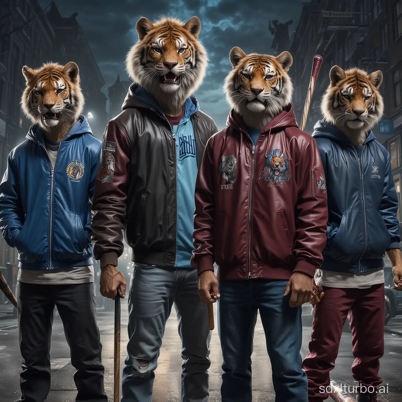 real photo, epic, dynamic pose, 4boys, 3 anthropomorphic furries, 1wolf and 1tiger and 1lion separated, angry, in black leather jacket, in burgundy and gray windbreaker, in blue sweatshirt, standing Russian outside at night, movie poster, with baseball bat in hand, with montage in hand