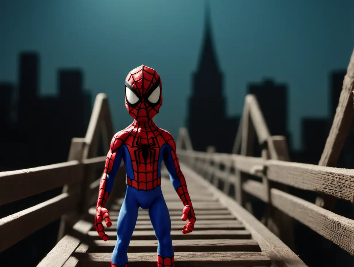 cinematic still, claymation, Spiderman, he on a bridge