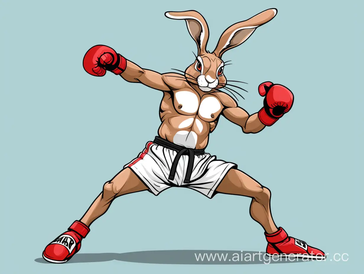 
anthropomorphic hare kickboxing fighter, in full growth, hits with his knee in a jump, vectors image