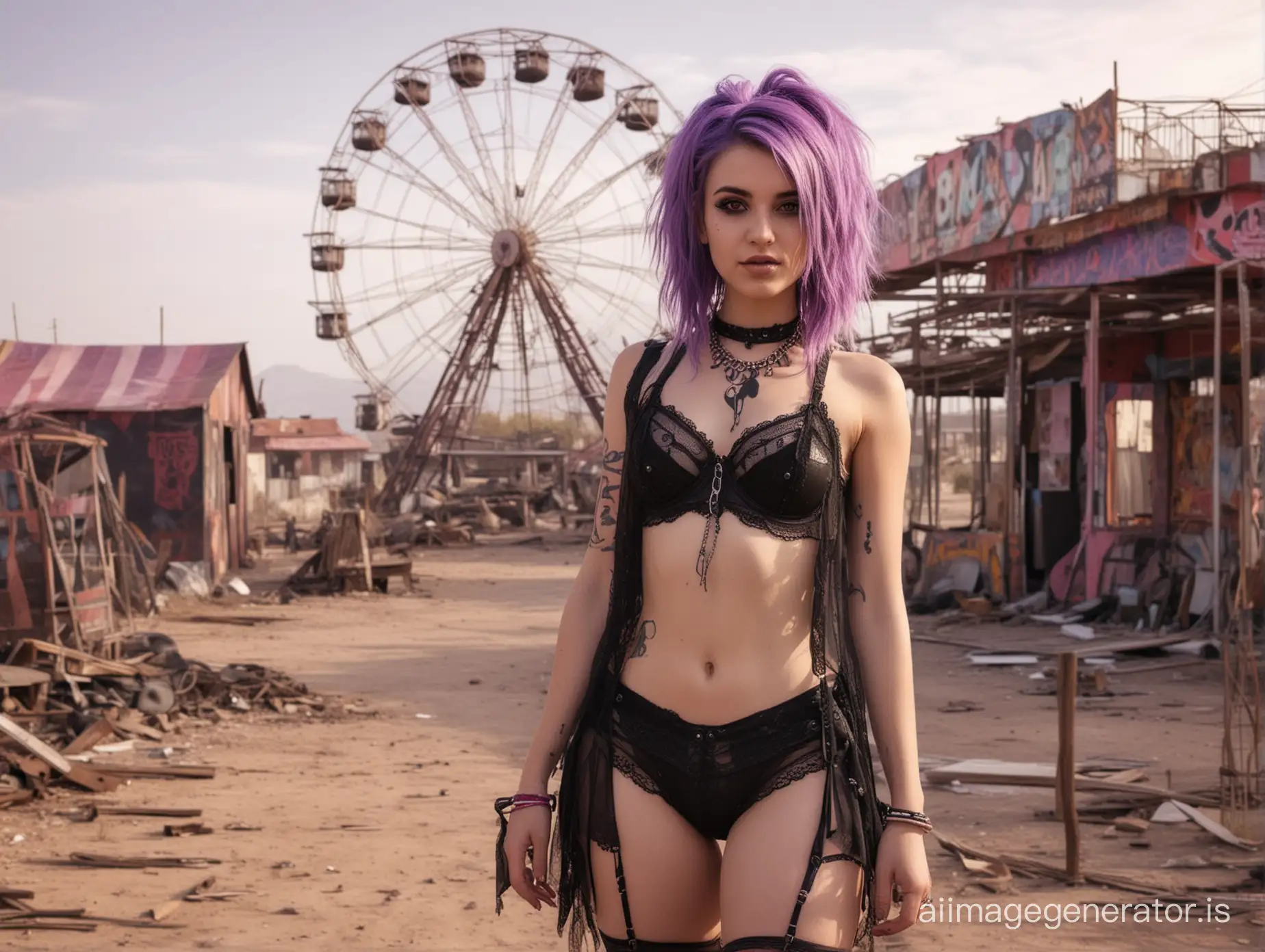 No pink or purple in the background. mysterious young goth girl wearing very revealing slutty sheer pink clothing, black and purple hair. Cheeky smile. In an abandoned carnival in the middle of the deser, like in the series "Carnivale". Big broken down machines, in rusty metal colours, lie behind her, Abandoned. No pink or purple in the background, only brown and metal. There is no sign of people or civilization. Natural lighting. Dramatic. Full body in picture