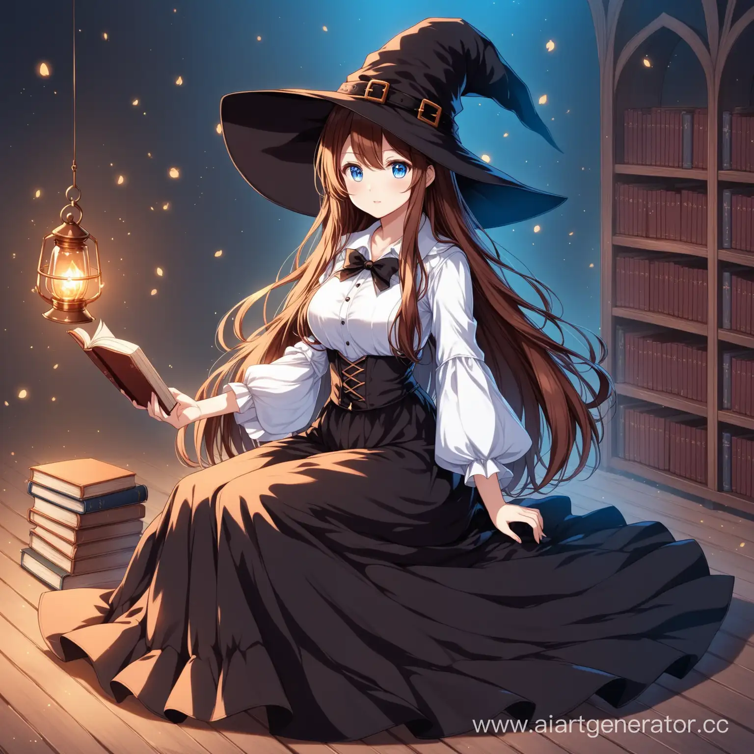 Аниме девушка с голубыми глазами, длинные каштановые волосы, женственная, в костюме ведьмы, шляпа ведьмы, длинная юбка и белая рубашка, книга в руке