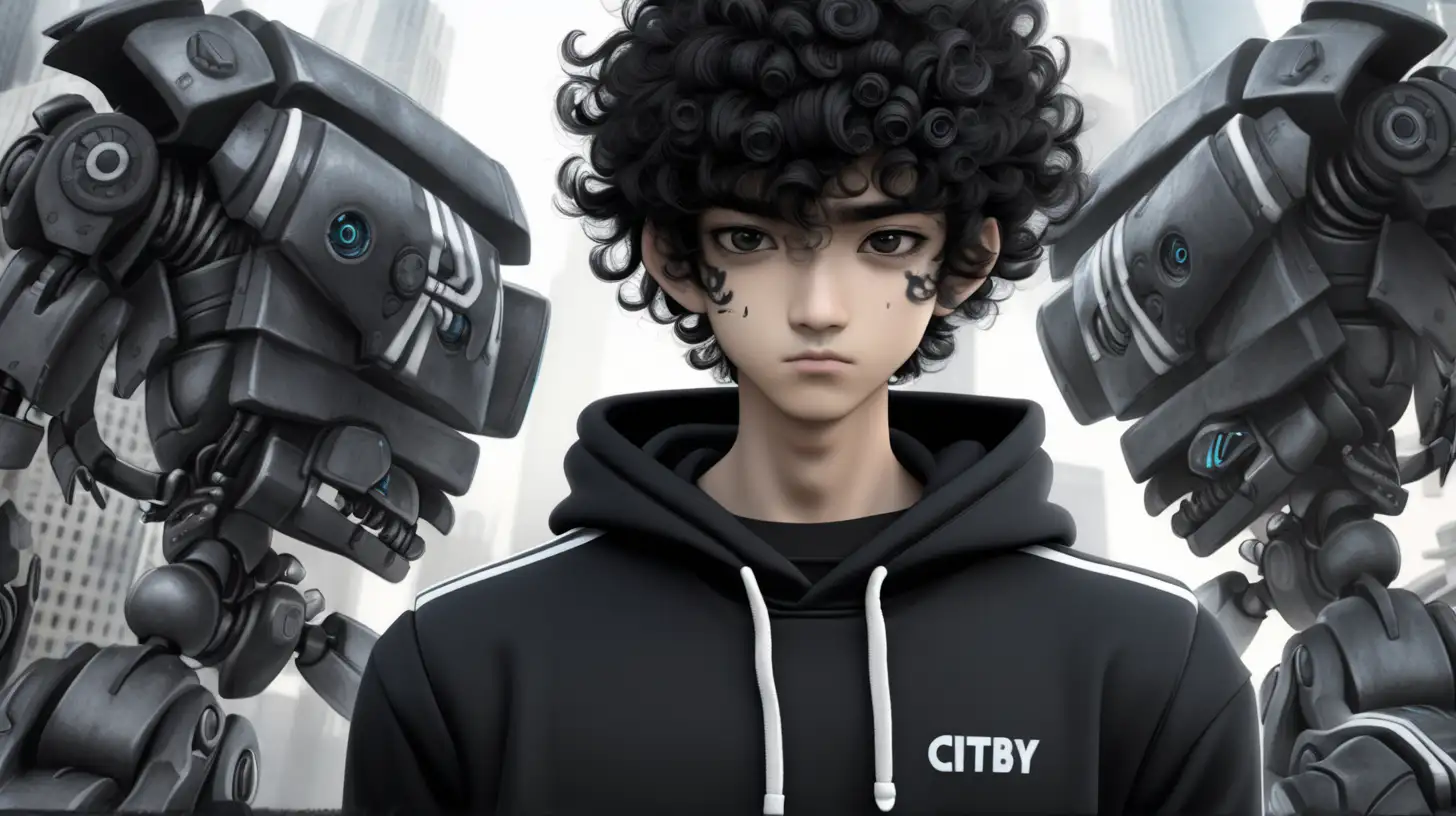 Emo Asian Male 17 Breaking Robots in Dystopian Future City