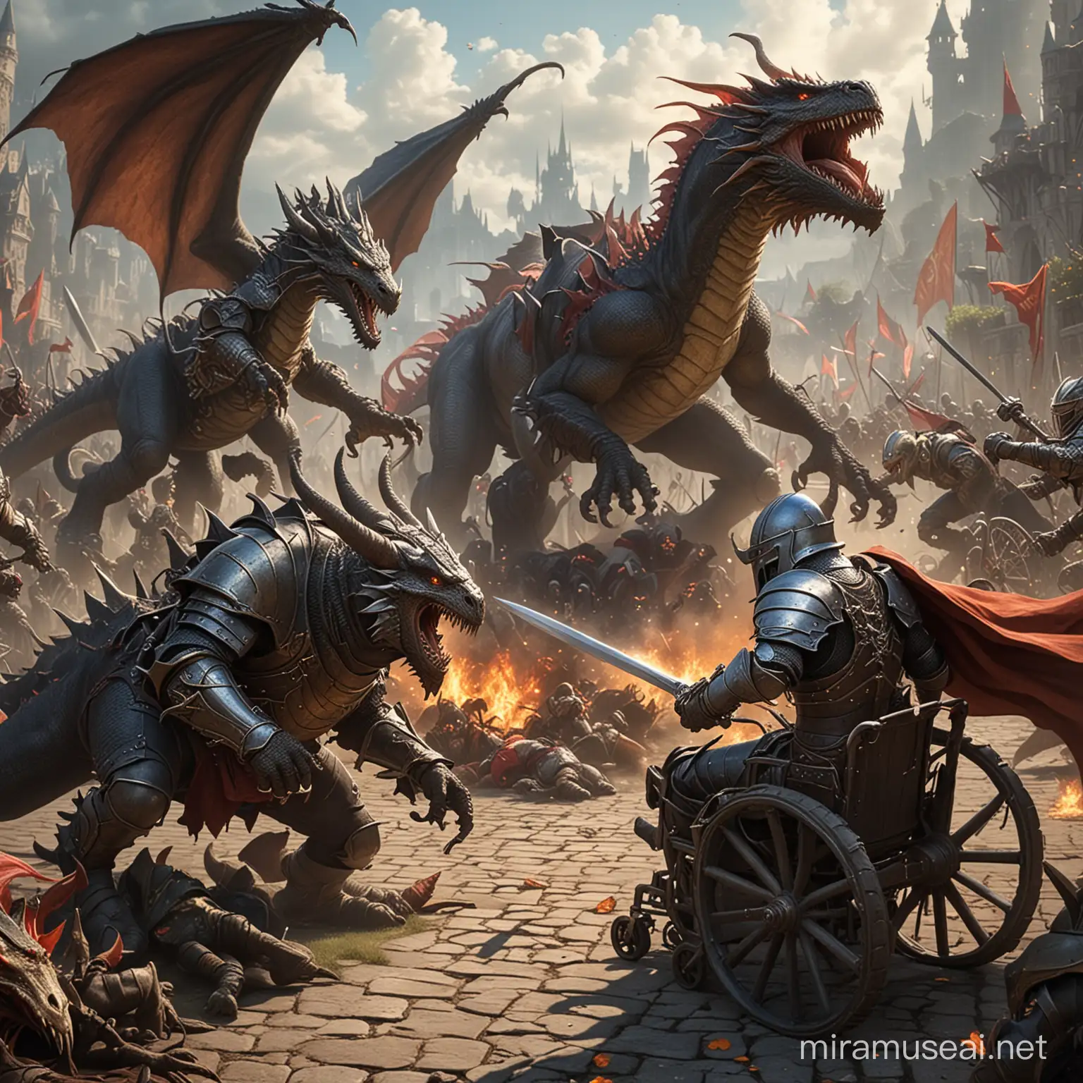 two knights fighting in wheelchairs with dragons and goblins in the background
