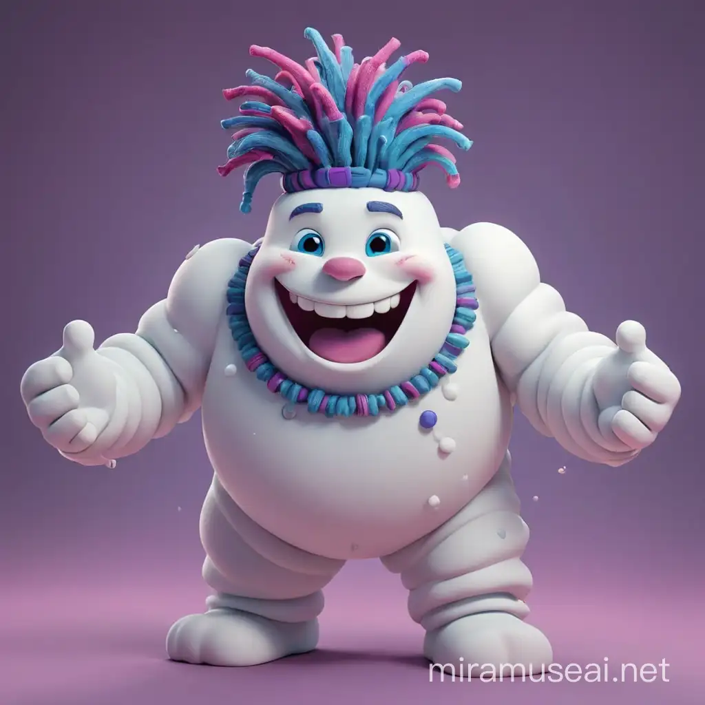 a happy marshmallow man. he is pink and blue with purple dreads. you can see his whole body, he has 2 arms only. 3D animation