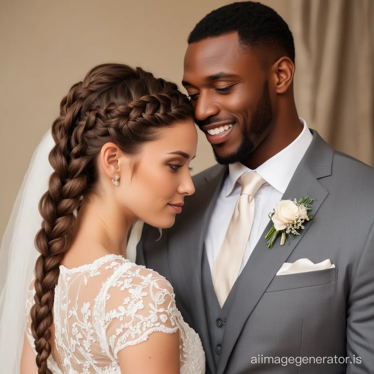 Pretty brunette with a intricate braid with a tall handsome black man getting married