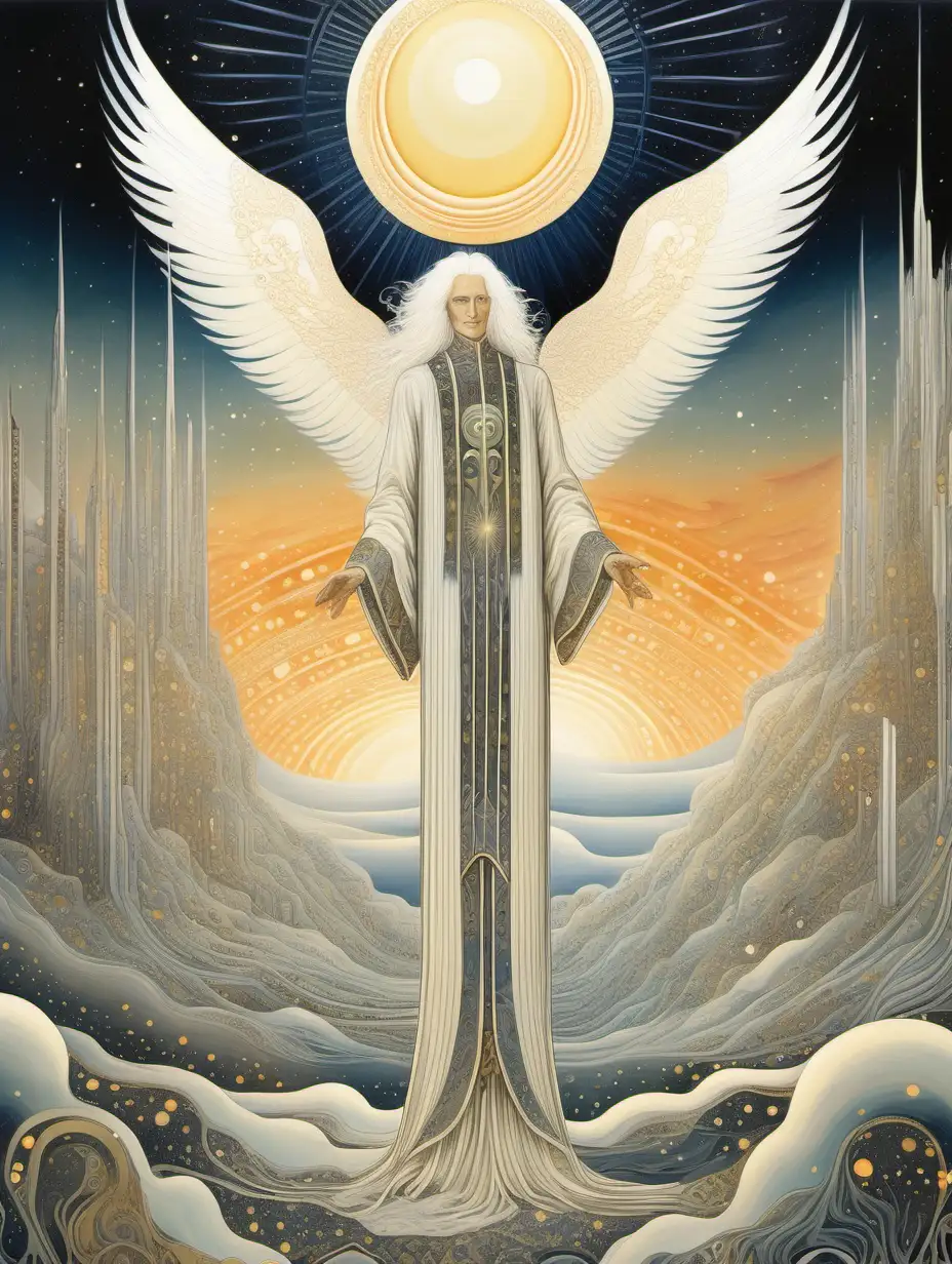 futuristic painting in kay nielsen style of a happy male angel with long white hair at sunrise