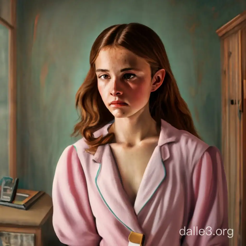 "Generate a poignant image depicting Isabella's sister discovering her in a state of eerie stillness within her room. Craft an emotional scene where Isabella, frozen in her early twenties, stands in a pastel nightgown adorned with a locket. Her heart-shaped face is framed by hazel eyes and chestnut brown hair, her expression vacant with eyes rolled upward into her head and her mouth hanging open in a mindless stupor.

Isabella's sister, overcome with concern and disbelief, gazes upon the haunting transformation caused by the dark voodoo magic. Capture the sibling's emotional turmoil, the mix of shock and fear in her eyes as she witnesses Isabella's puppet-like motionlessness. The room should be bathed in a mysterious moonlit glow, accentuating the supernatural atmosphere. Emphasize the sister's anguished features and the palpable tension as she grapples with the surreal reality of Isabella's enchantment."