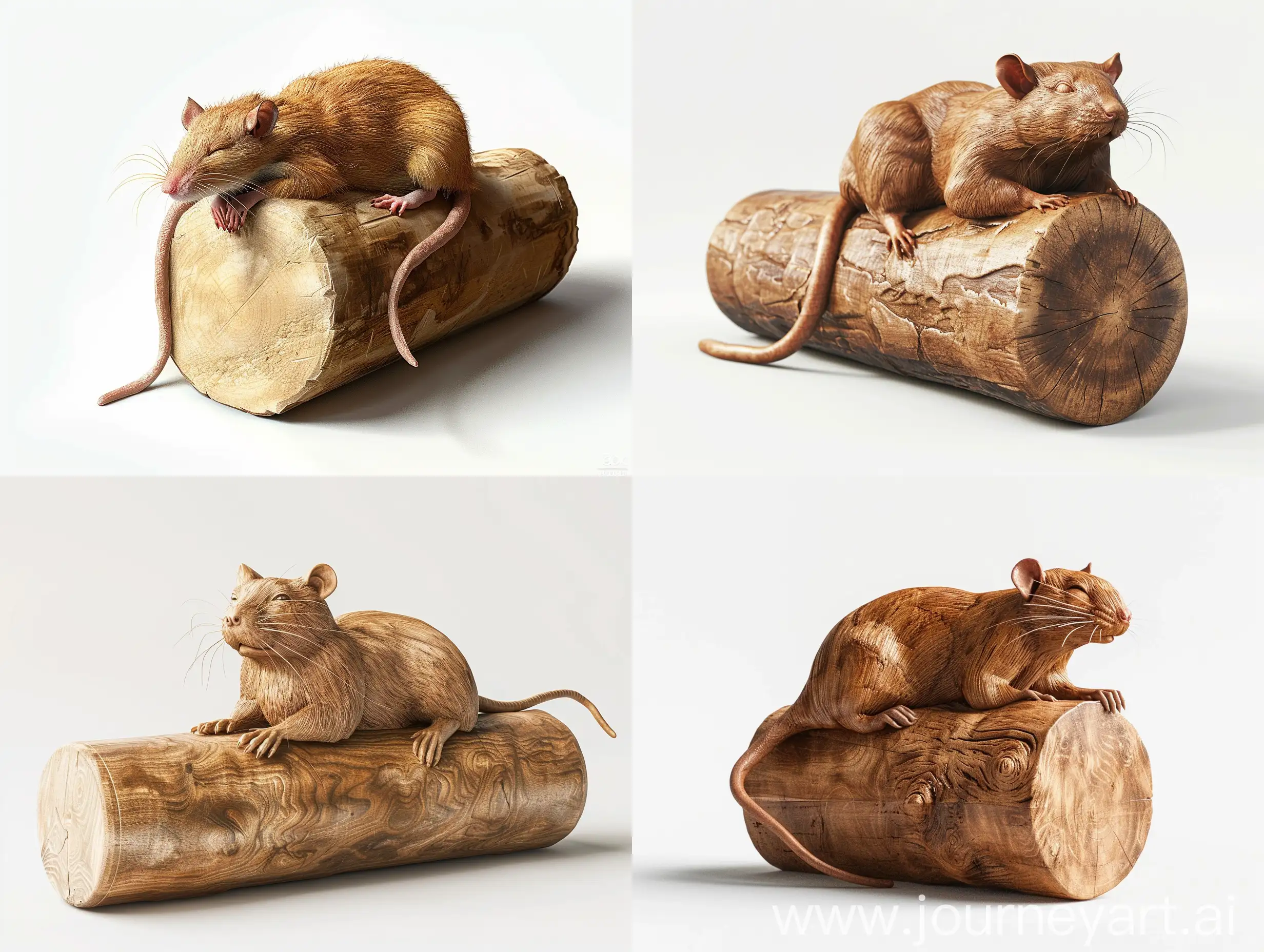 Professional sketch for wooden sculpture, a full-length a rat resting on a cylinder full-face and in profile, professional dynamic character, wood carving, white background, 8k Render, ultra realistic