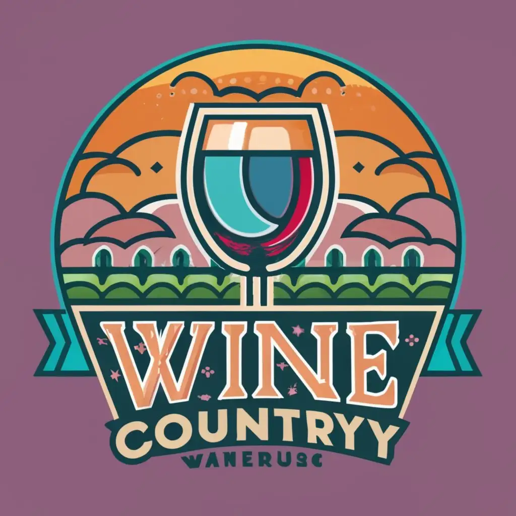 Design a modern aesthetic emblem for "Wine Country Warehouse." Incorporate a royal chalice wine glass full of wine and grape field in vector art. Emphasize a future modern vibe with modern stylish typography. Create a versatile insignia suitable for retail use, reflecting elegance and the essence of wine country culture.