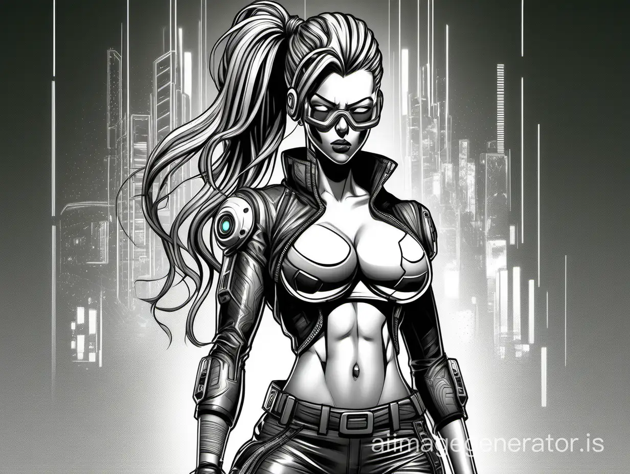 Extremely Detailed Full Body Rendering Of A Cyberpunk Hacker Girl, Perfect Body And Face, Hugue Boobs, Gorgeous, Cartoon Character, Vibrant, Black and White Graphics, Character Design, Sharp Focus, Comics Draw Style, Beautiful Muscular, Professionally Retouched, Eldritch, No Background, Full Body Model