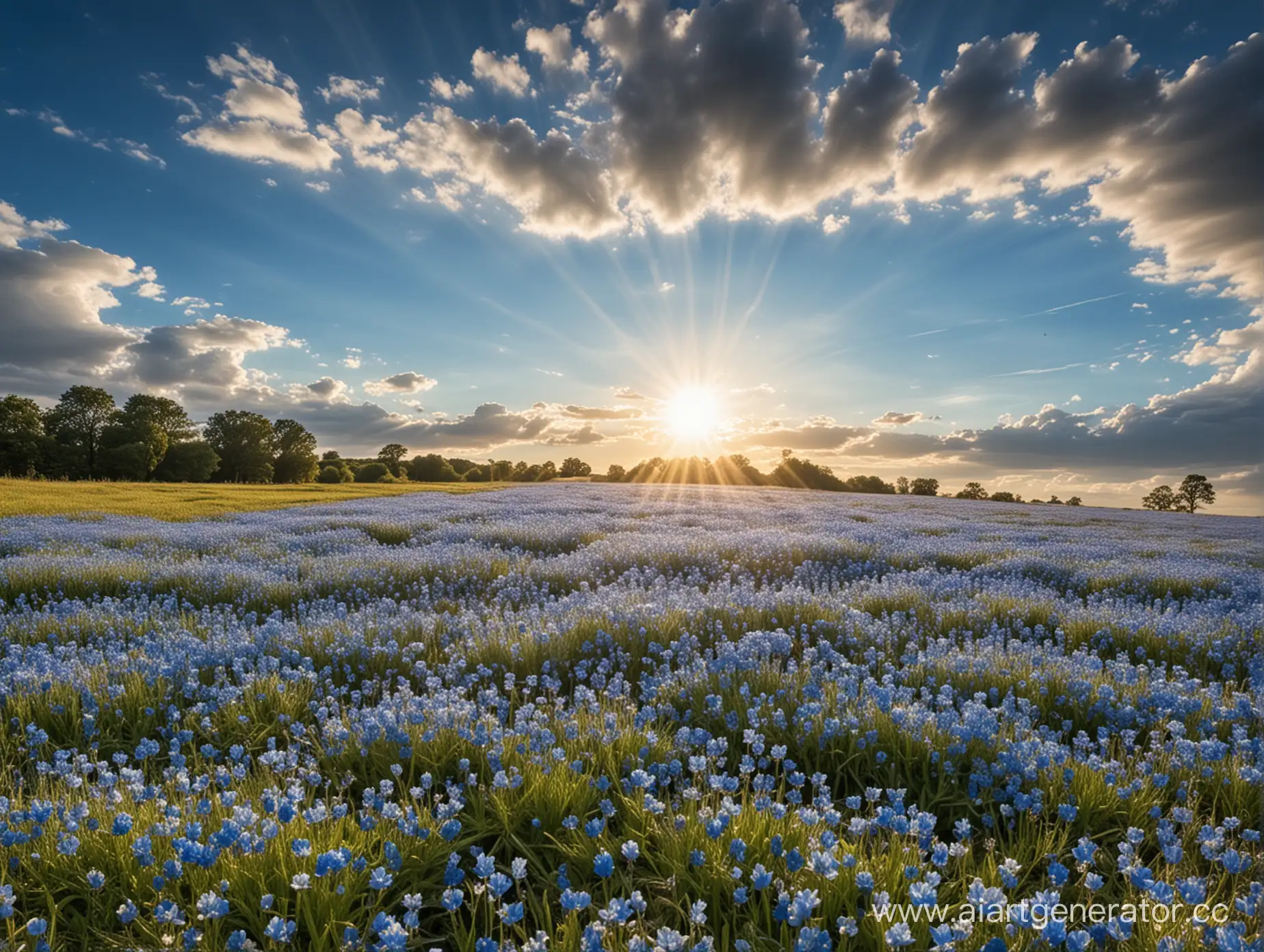 the photo on which half of the bottom shows a field with often planted blue flowers, and half of the photo on top shows a beautiful sky with the sun, rays of the sun and clouds