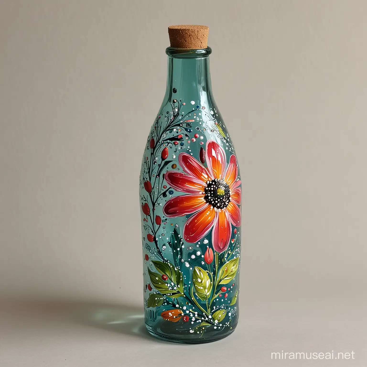 Glass bottle painted with acrylic paints