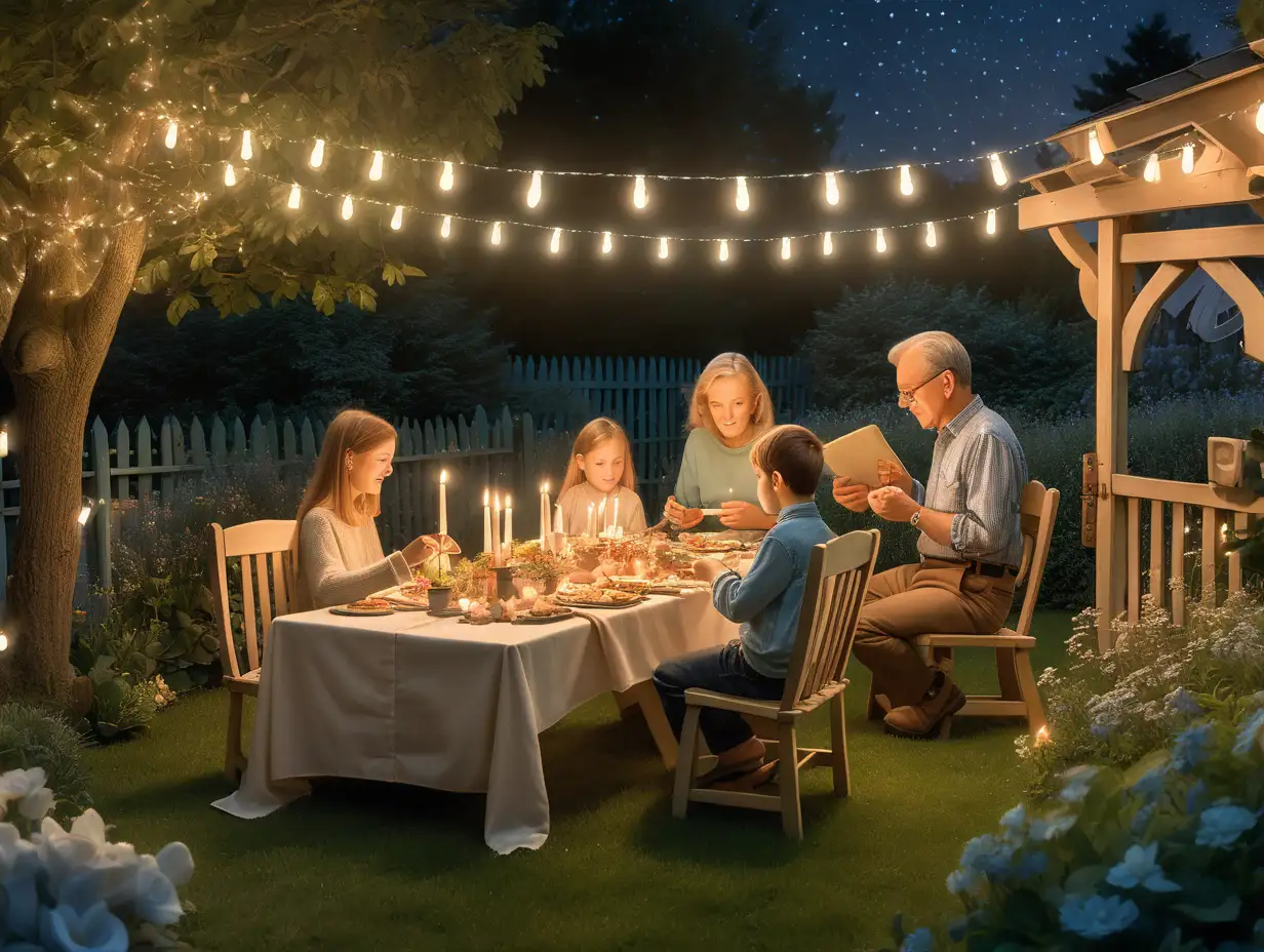 an outdoor dinner in the home garden, illuminated by candles and twinkling lights. There are mom and dad of about 40 years old and an 18 year old child. There is a fence along the perimeter of the garden. The style of the picture should be similar to the drawing of a fairy tale that stimulates the imagination, in the style of Waldorf education