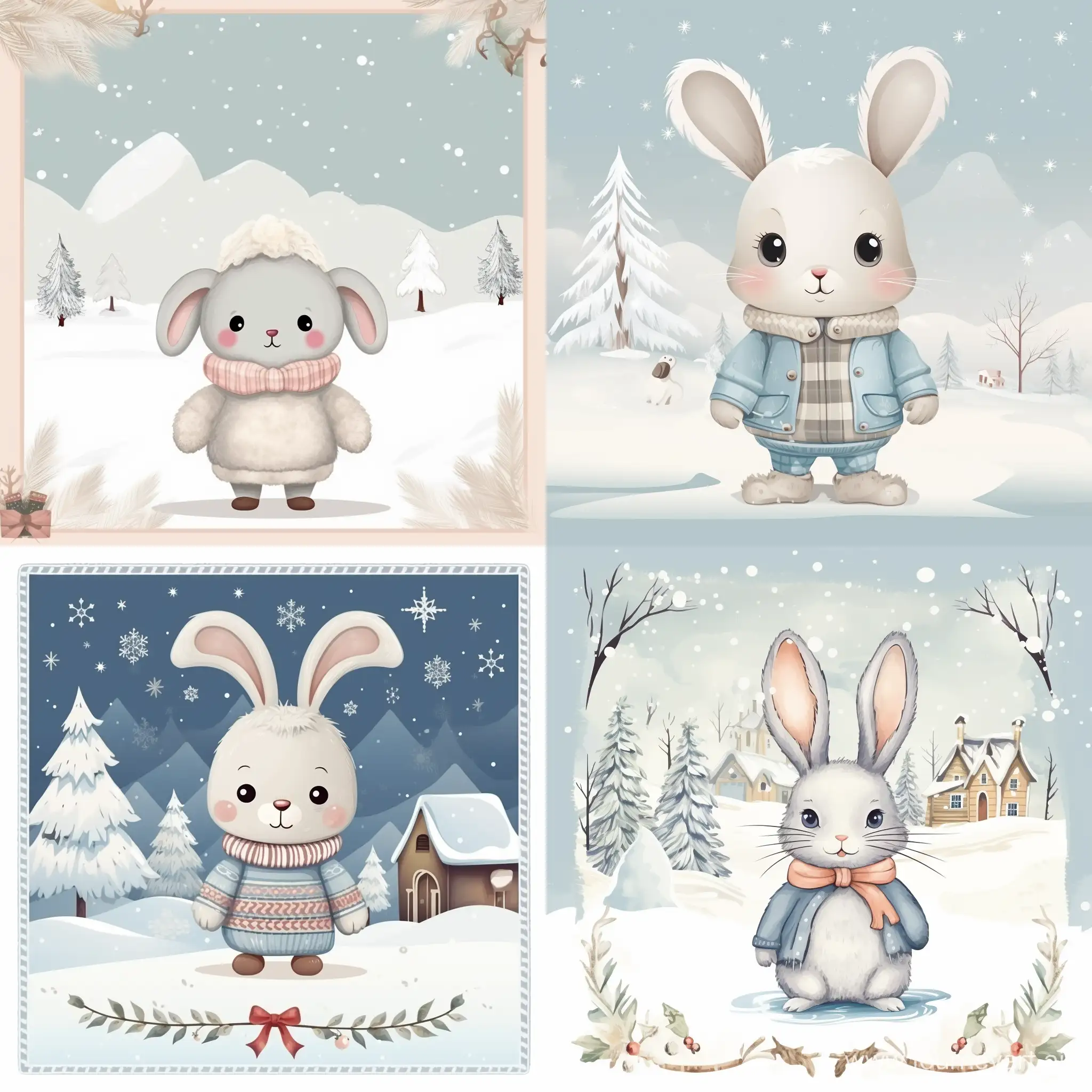Charming-Vintage-Christmas-Card-Featuring-a-Cartoon-Bunny-on-a-Winter-Background