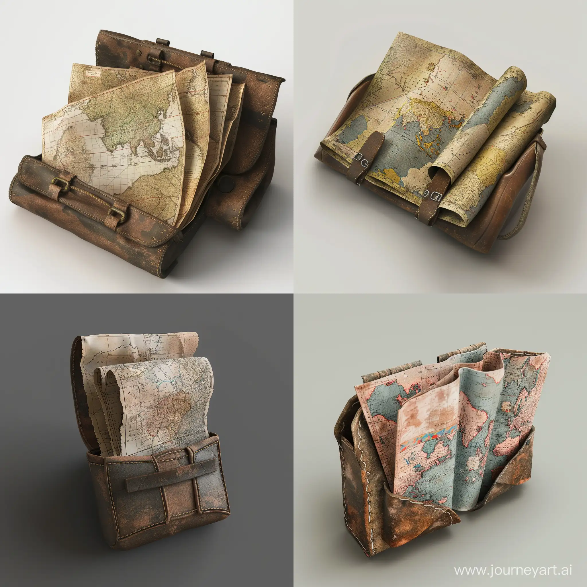 old military maps cartographic folded paper isometric in old small opened military leather pouch realistic 3d render no background