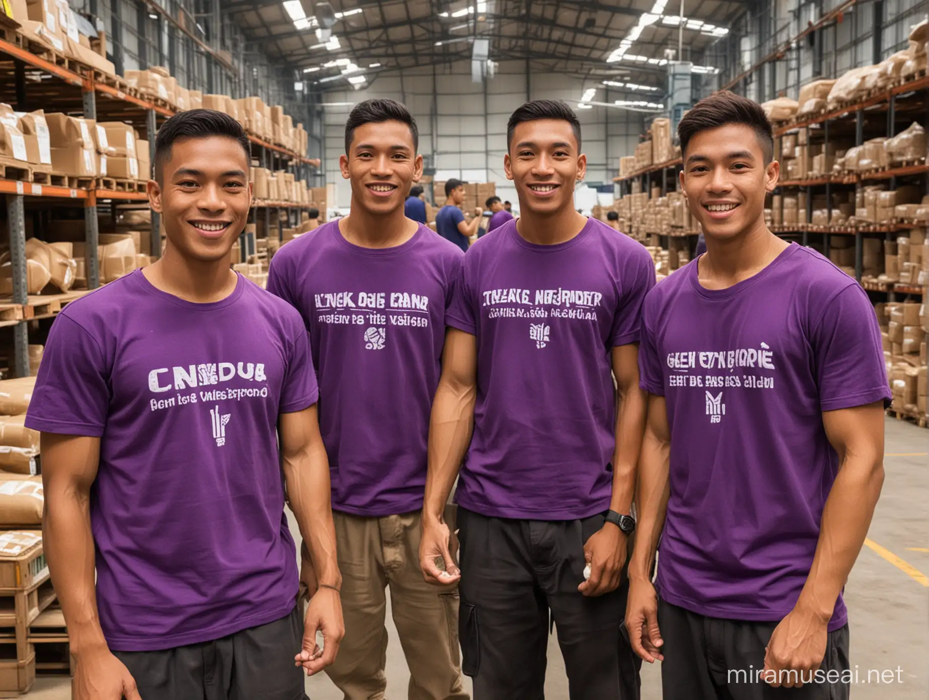 Four Indonesian Men in Purple TShirt Uniforms Working with Spices in Warehouse