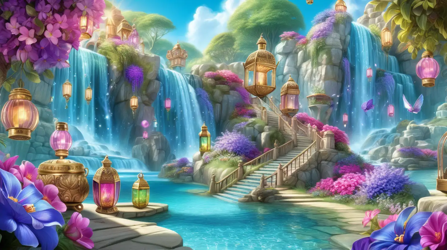Magical Fairytale bright blue and purple and green waterfall and gold and gemstones and treasure chests and bright-pink flowers-growing by an oasis with bright sunny sky and hanging lanterns