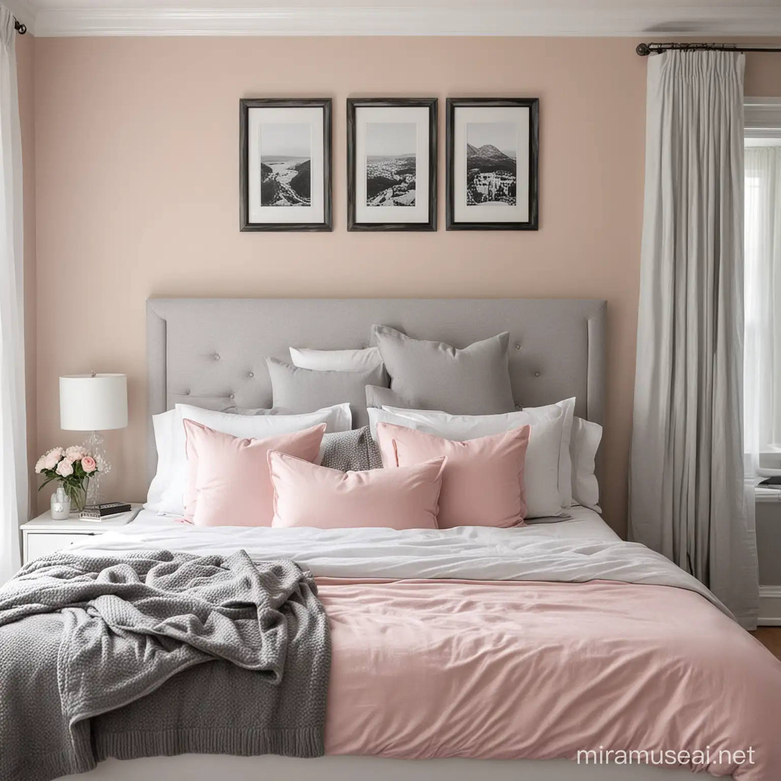 A bedroom with three white walls and one light pink wall. On the bed there is a gray duvet cover with gray pillows and a white sheet and a gray blanket at the edge of the bed. And a white headboard. Above the bed are four black and white photos hung on the wall. The curtains are gray. There is a white bedside table with three drawers and on the top is a small black box and a picture frame.