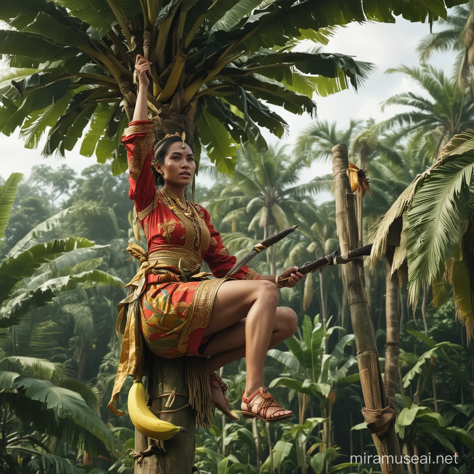 Seorang wanita menggunakan baju adat indonesia sedang memanjat pohon pisang menggunakan senjata, hd,realistis