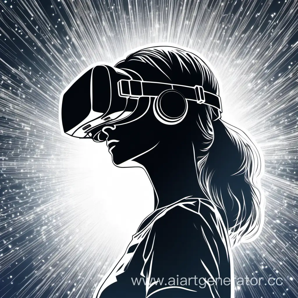 silhouette of a girl's head in virtual reality glasses drawing white on a white cosmos background