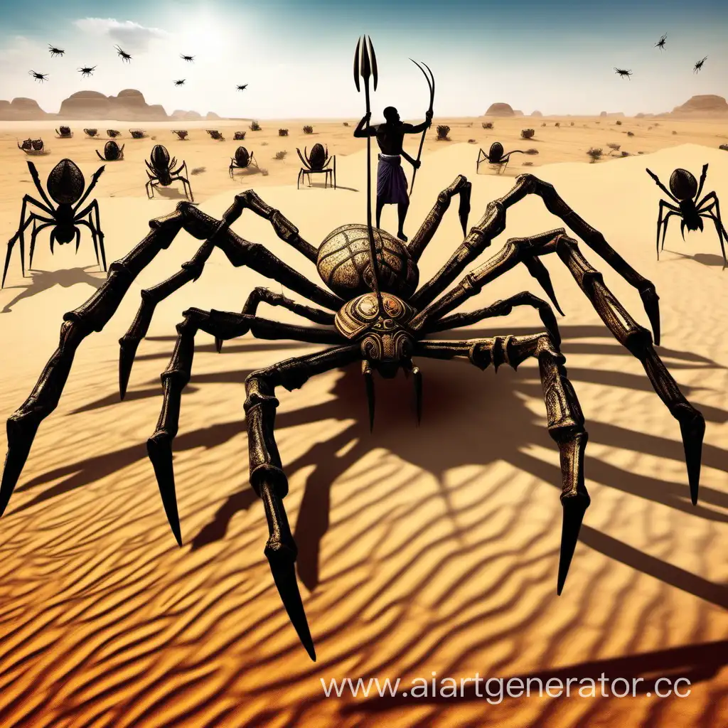 Огромные пауки и скорпионы по среди пустыни. На них едут войны африканского племени с копьями


