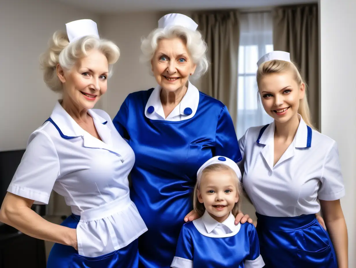 two black and blonde hair elderly mothers and their litle daughters in satin royal blue english nurse uniforms smiled by their mistress 