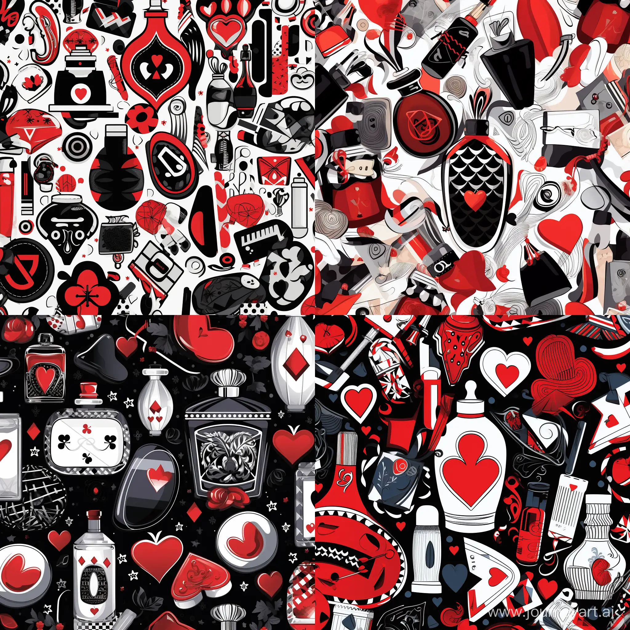 pattern of clubs, designer accessories, perfume bottles, colors black, white, red, gray, cartoon style, pop art style, fashion illustration style