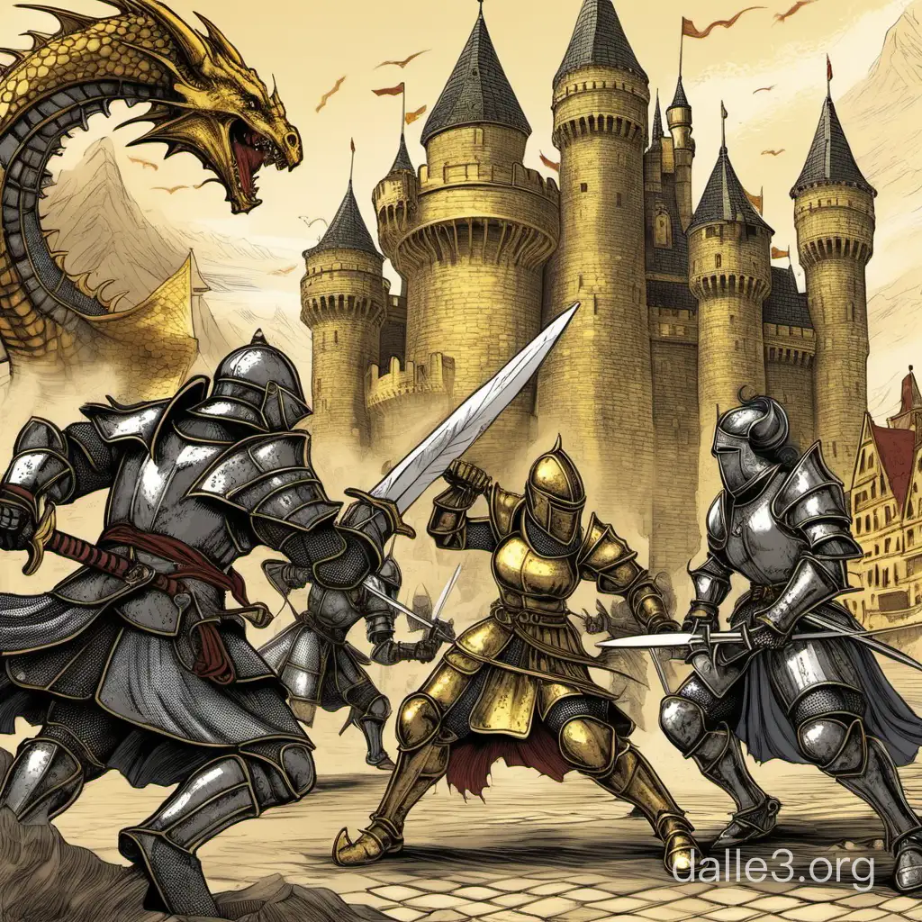 4 orang kesatria dan 1 orang kesatria wanita sedang melawan naga di depan castle emas 