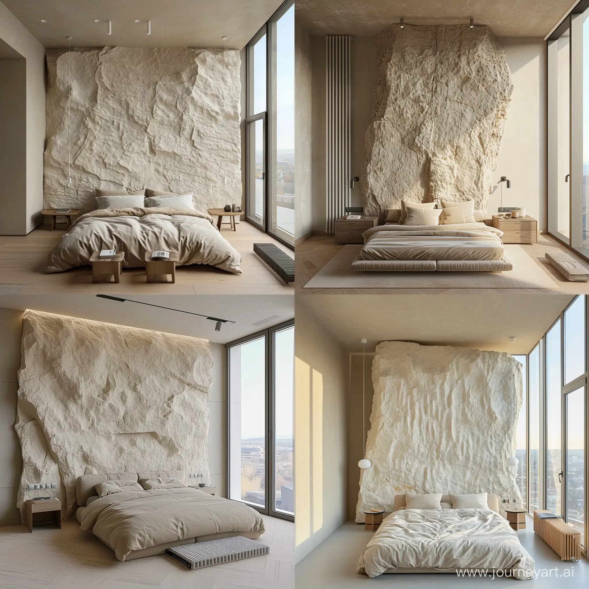 спальня минимализм, скала на стене светлая, кровать мягкая, тумбочки, окна в пол, радиатор напольный, 