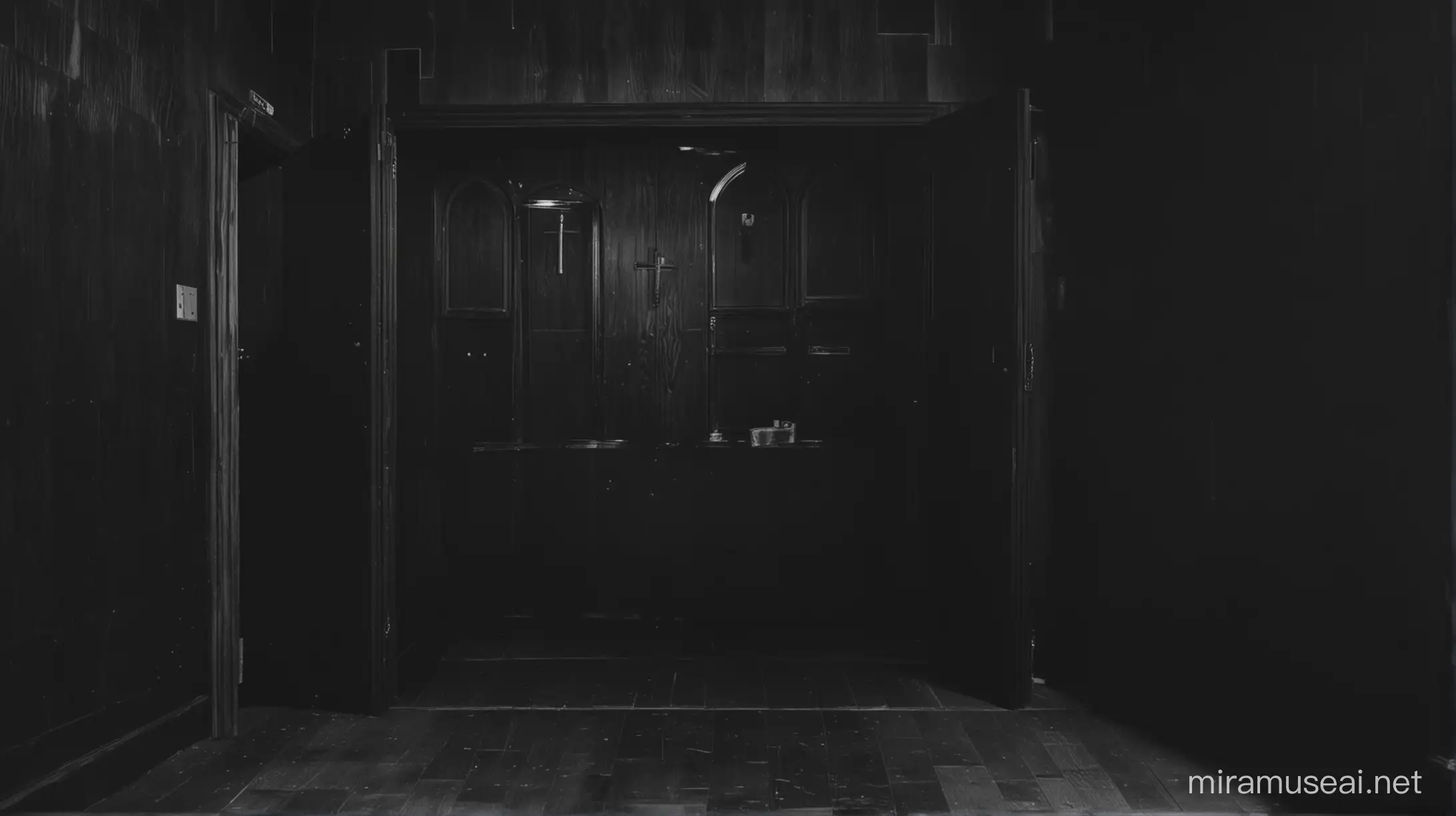 Mysterious Confessional in Dimly Lit Church Interior