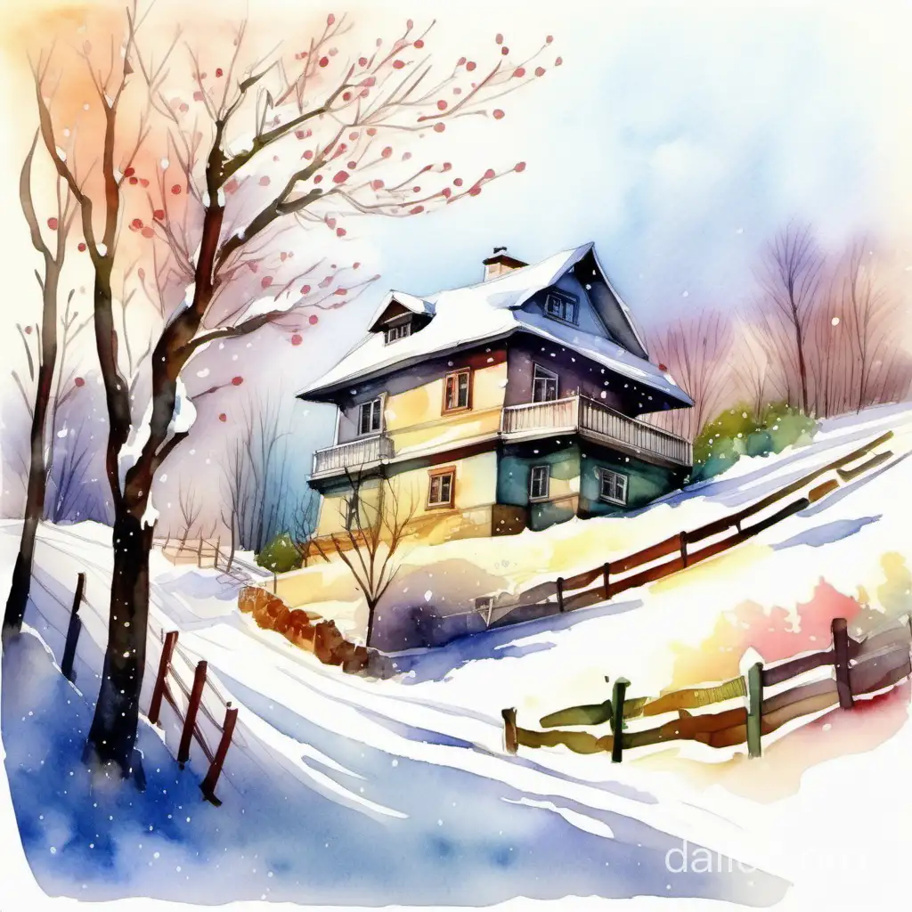 a two-story cosy house on the hill, early spring,  snow is tawing, the buds are budding, aquarelle style