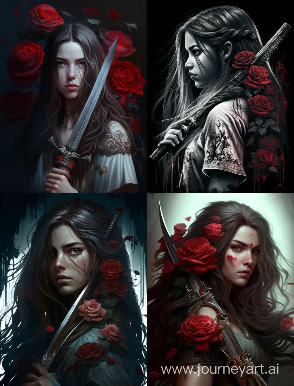 Девушка с длинными волосами катаной срезает розы