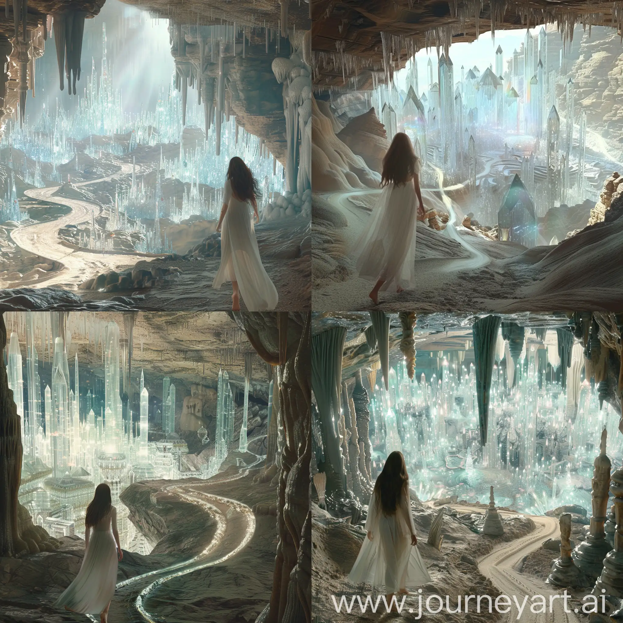A stunningly realistic and cinematic rendering of a vast cavern with an awe-inspiring view of a crystal city. The city consists of transparent, prismatic structures that emit a soft, bright light, creating a breathtaking view. The cave contains stalactites and stalagmites, and there is a winding path to the entrance of the crystal city. The atmosphere is calm and mysterious, as if the viewer is embarking on an adventure into an uncharted world. A woman with long brown hair walks from the cave entrance and approaches the city. The woman is wearing a long white dress and her feet are bare. The woman's dress is inspired by ancient times.