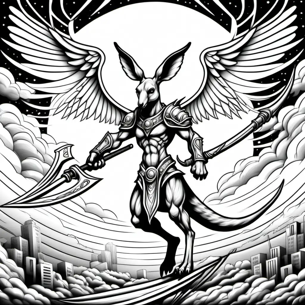 /Imagine colouring page for adult, kangaroo angel warrior with giant scythe and wings, thick lines, no shading, flying with the sky in background