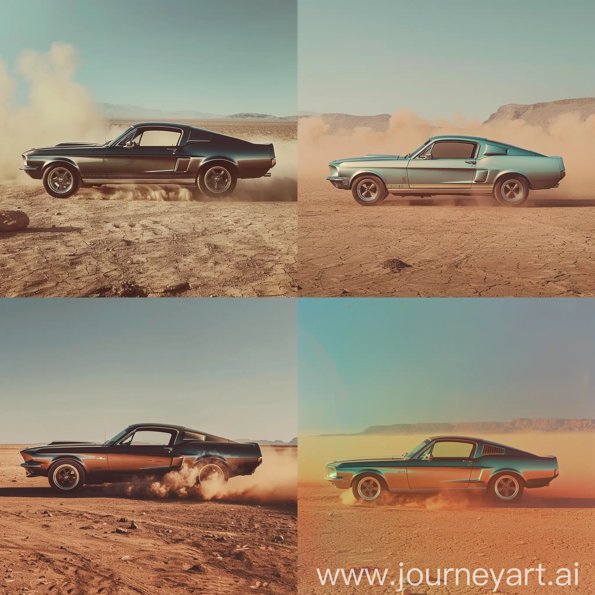  صورة جانبية و بعيدة لسيارة ford mustang 1967 في الصحراء, الغبارر يحيط بالسيارة, الصورة ماخودة بهاتف iphone 14, الوان الصورة عادية بدون فلتر