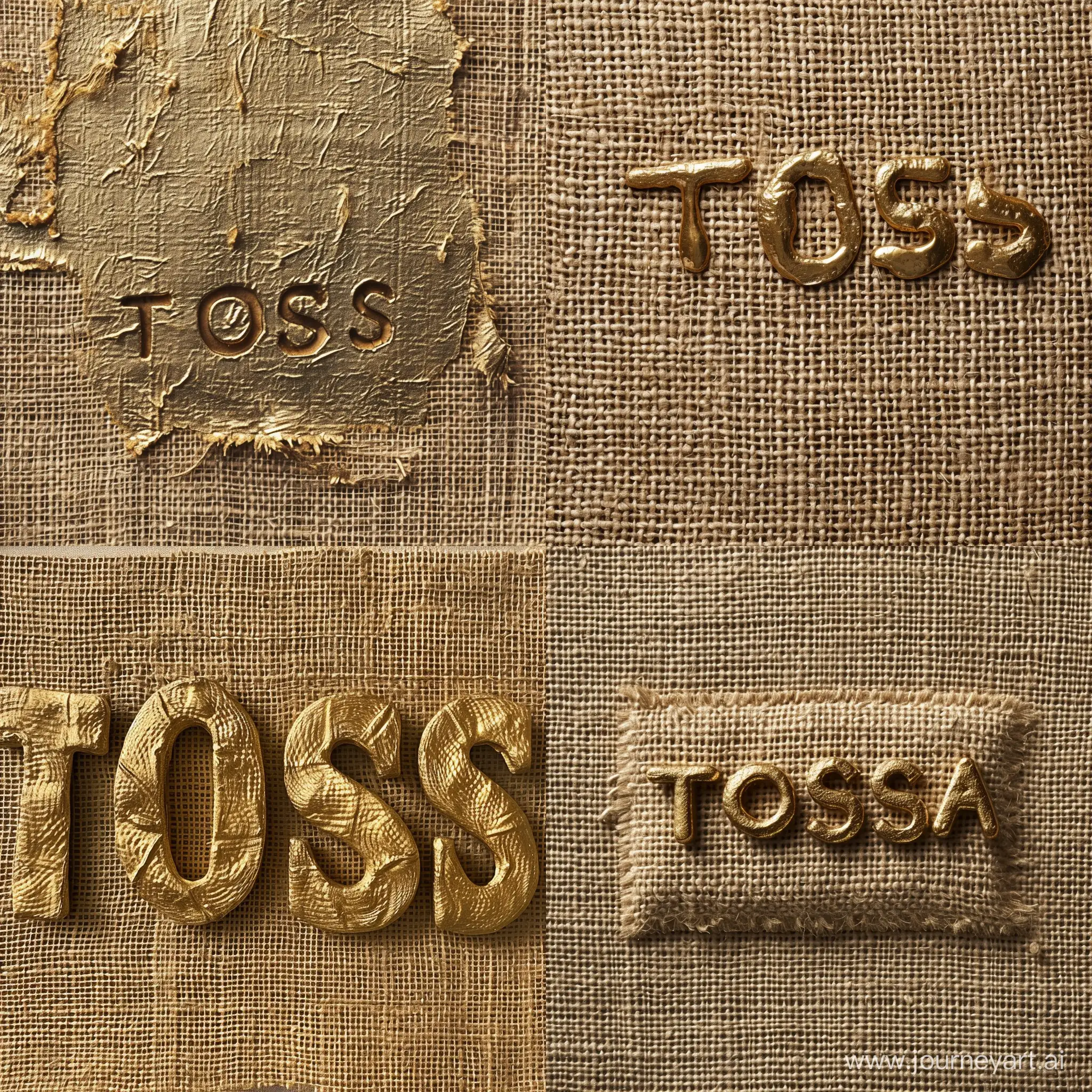 Write in golden metal "TOSSA" on raw jute
