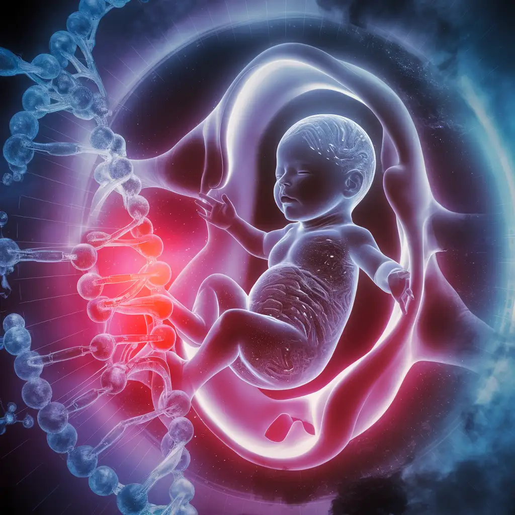 futuristic star child baby in uterus alien symbiotic, dna mixture example motion graphic quality, high definition, medical graphic