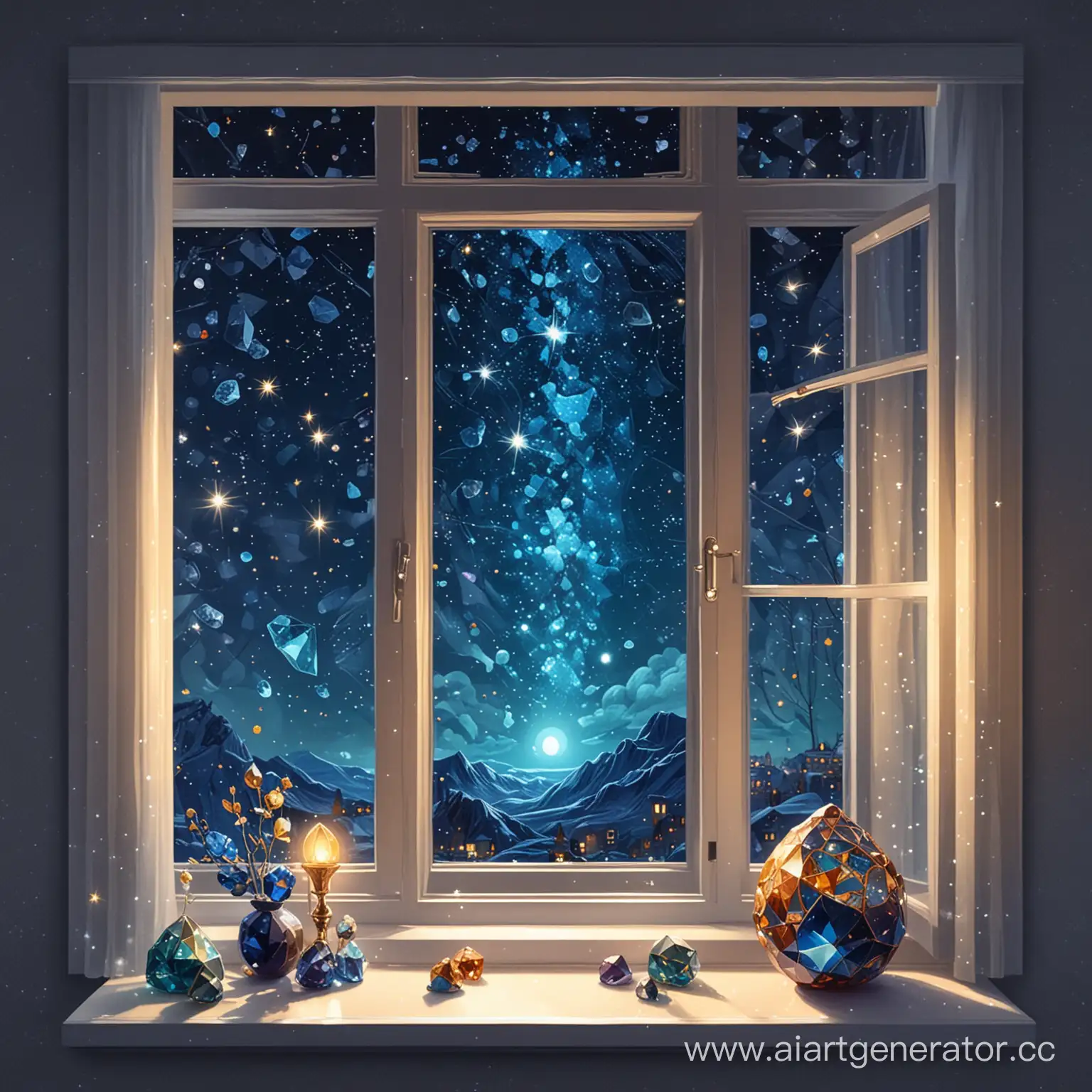 Звездная ночь за окном, блеск и сияние драгоценных камней, современная иллюстрация