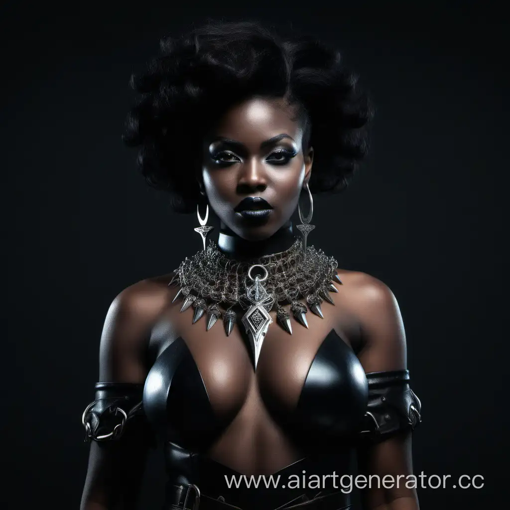 ebony woman big chest cultist beauty face jewelry collar with dagger in full growth
