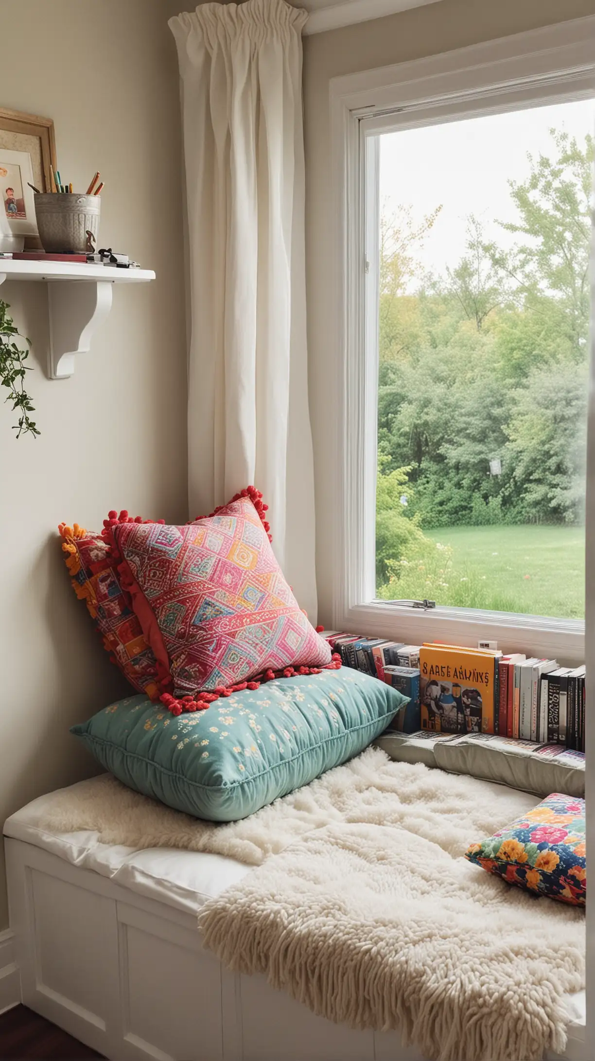 Create picture for Cozy Reading Nook Ideas and make sure it should be attractive and realistic. Make sure that every single object in the picture should be clear means full overview of the idea not a single object. Here's the idea to create the picture [Window Seat Wonderland  I've turned my window seat into the ultimate reading nook. It's flooded with natural light, making it perfect for afternoon reading.   The seat is decked out with soft cushions and colorful throw pillows, creating a cozy spot that I just can't resist.]