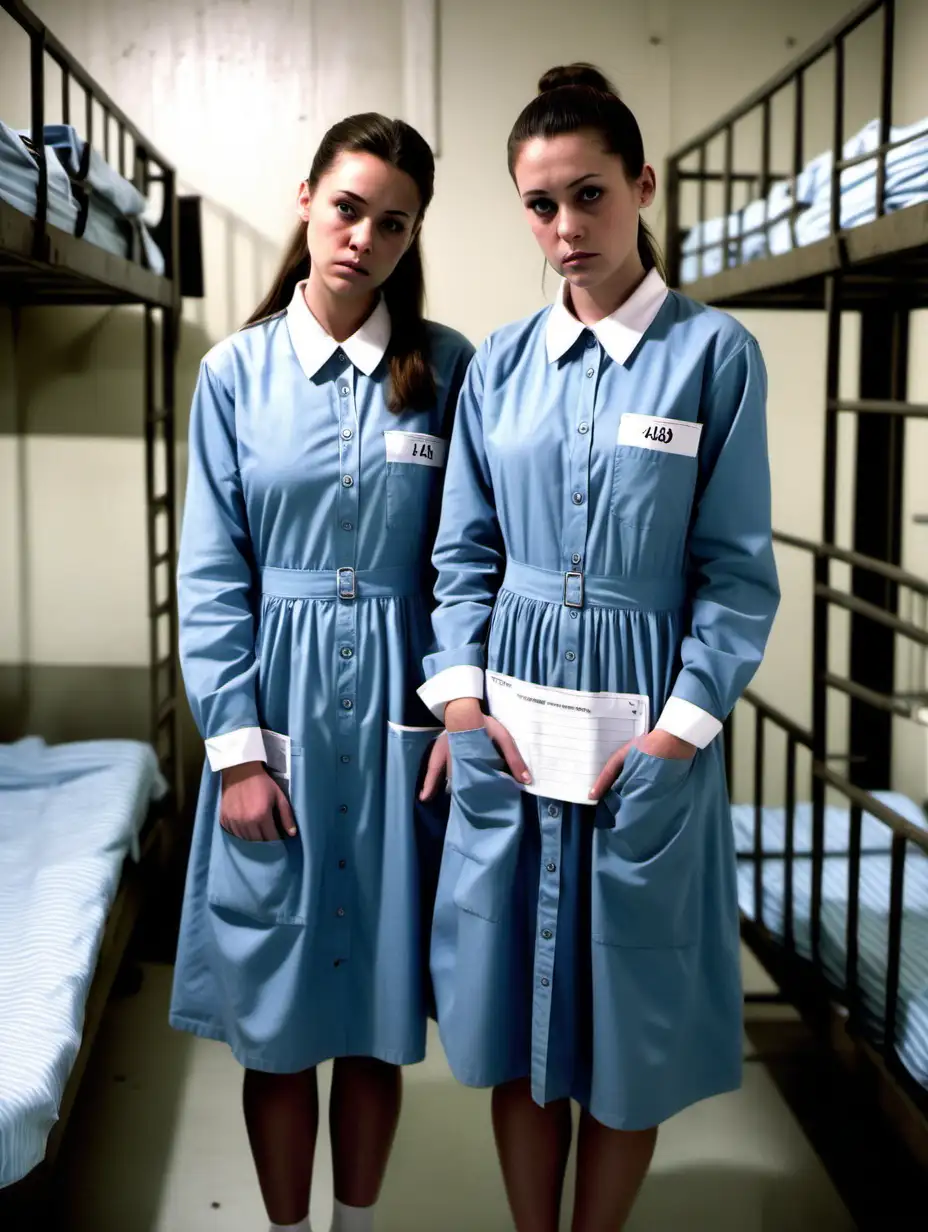 Two busty prisoner women (18 years old, same dress) stand in a prisoncell at a bunk in paleblue longsleeve midi-length buttoned shirtdress (a "438" label on chest pocket, brunette low pony hair, white collar , sad and ashamed ), head- to-knee aspect, look into camera