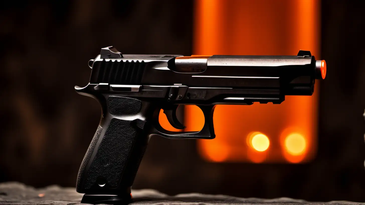 9mm pistol on handle on dark stone, blurry orange light background