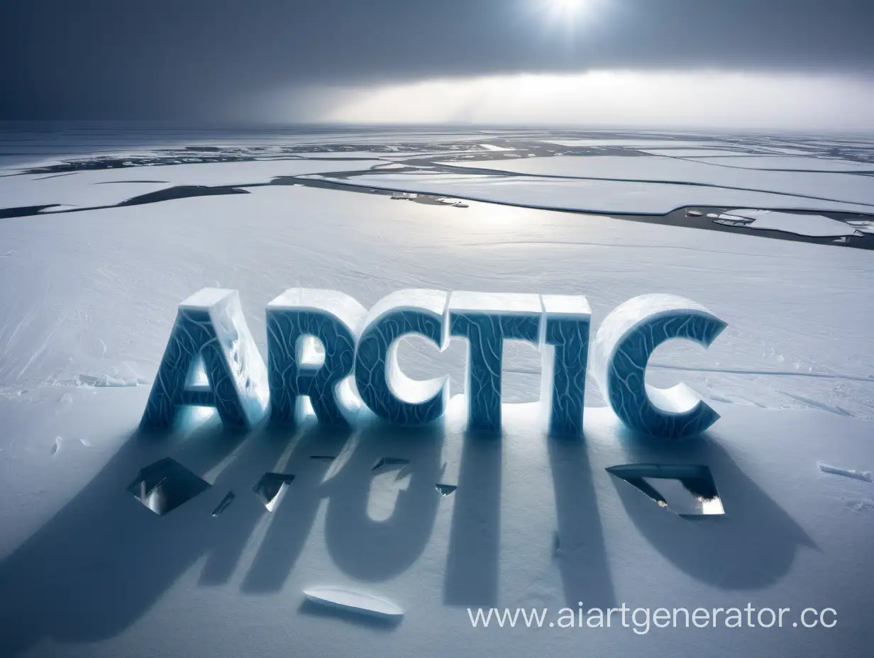 Надпись Арктик изо льда блестит от света.На заднем фоне снежная буря и пустошь изо льда