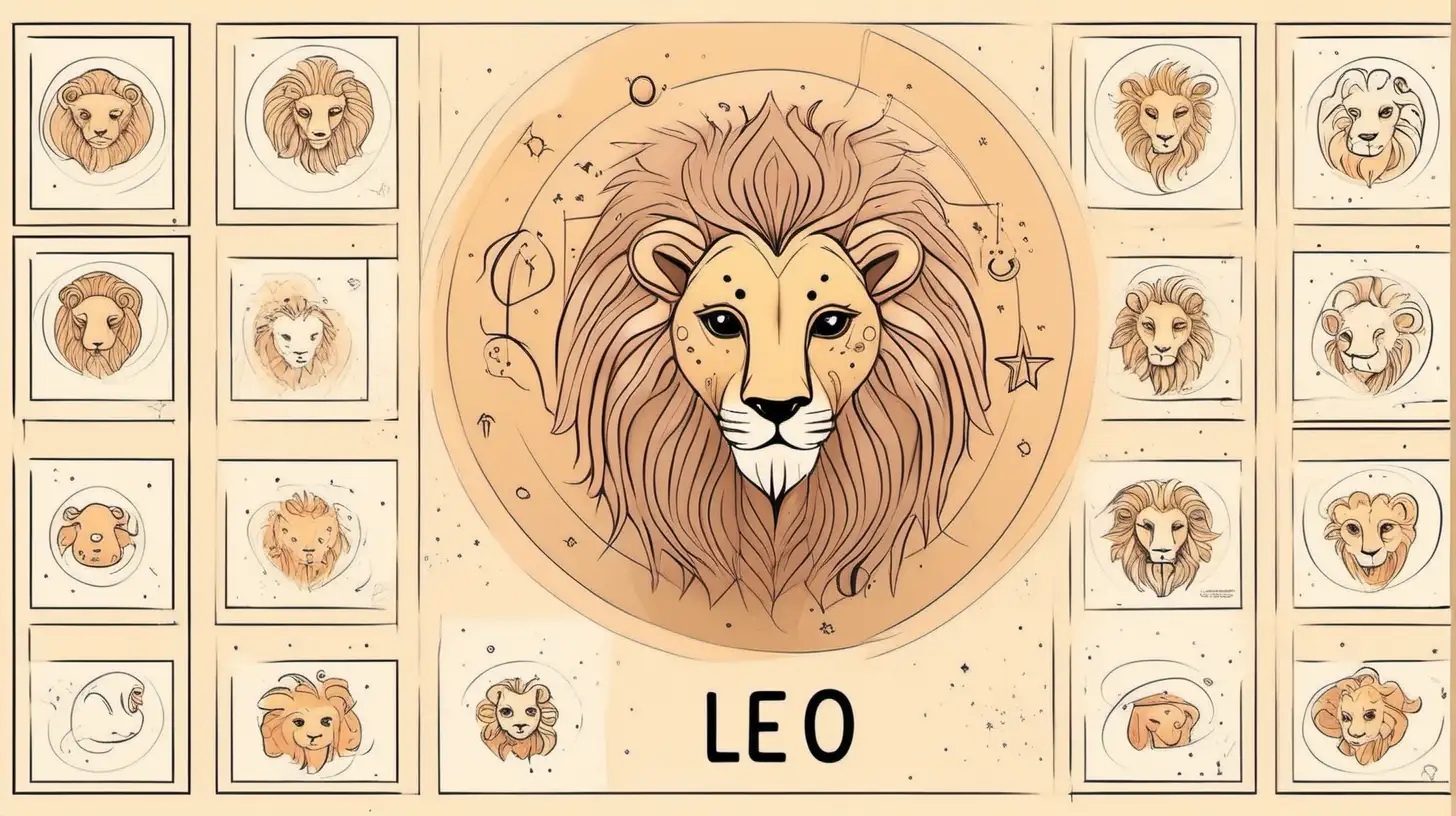 Draw A zodiac leo sign sets, cute  ,line drawings  , Loose lines. Muted color, with label style text
