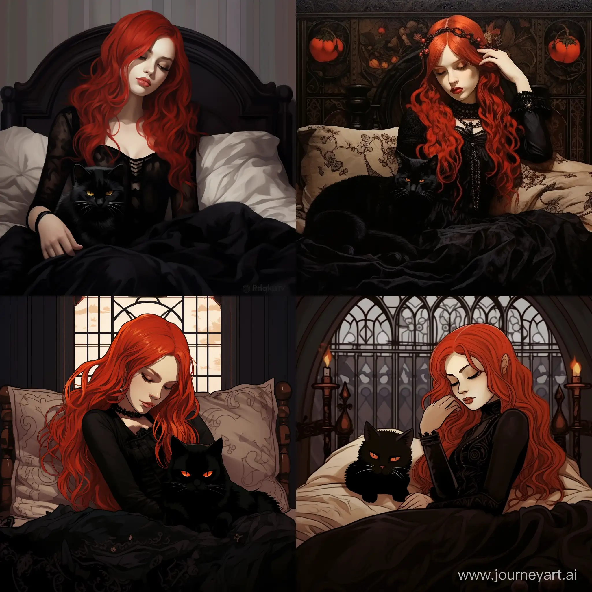 Enchanting-Slumber-RedHaired-Gothic-Girl-and-Cat-in-Gothic-Setting