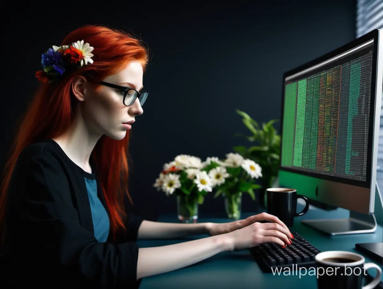 female figure, girl programmer, typing UX icons on the screen, she has red hair, dominant colors black, green, blue, black coffee mug, flowers, hyperrealism style, office environment, dark office