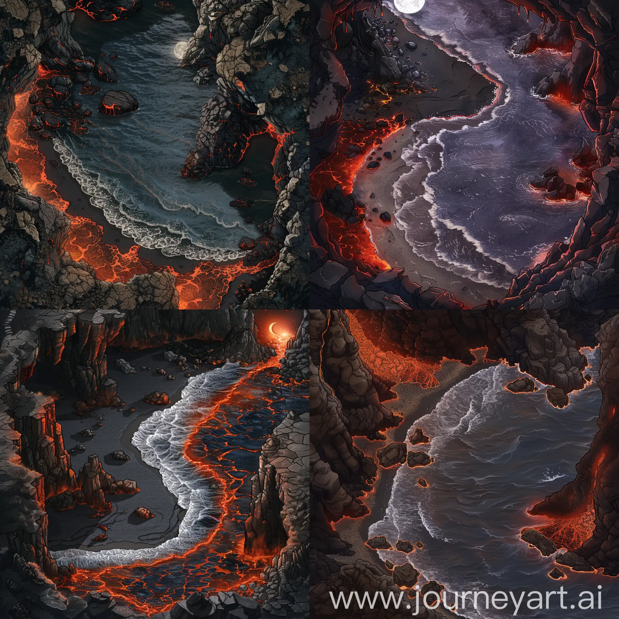 A captivating 2D top-centered bird's-eye view RPG battlemap of a black sand beach, nestled between molten rocks and a lava bay. The black sand glimmers under the moonlight, while lava waves crash against the shore. The red-hot lava bay provides a dramatic backdrop.