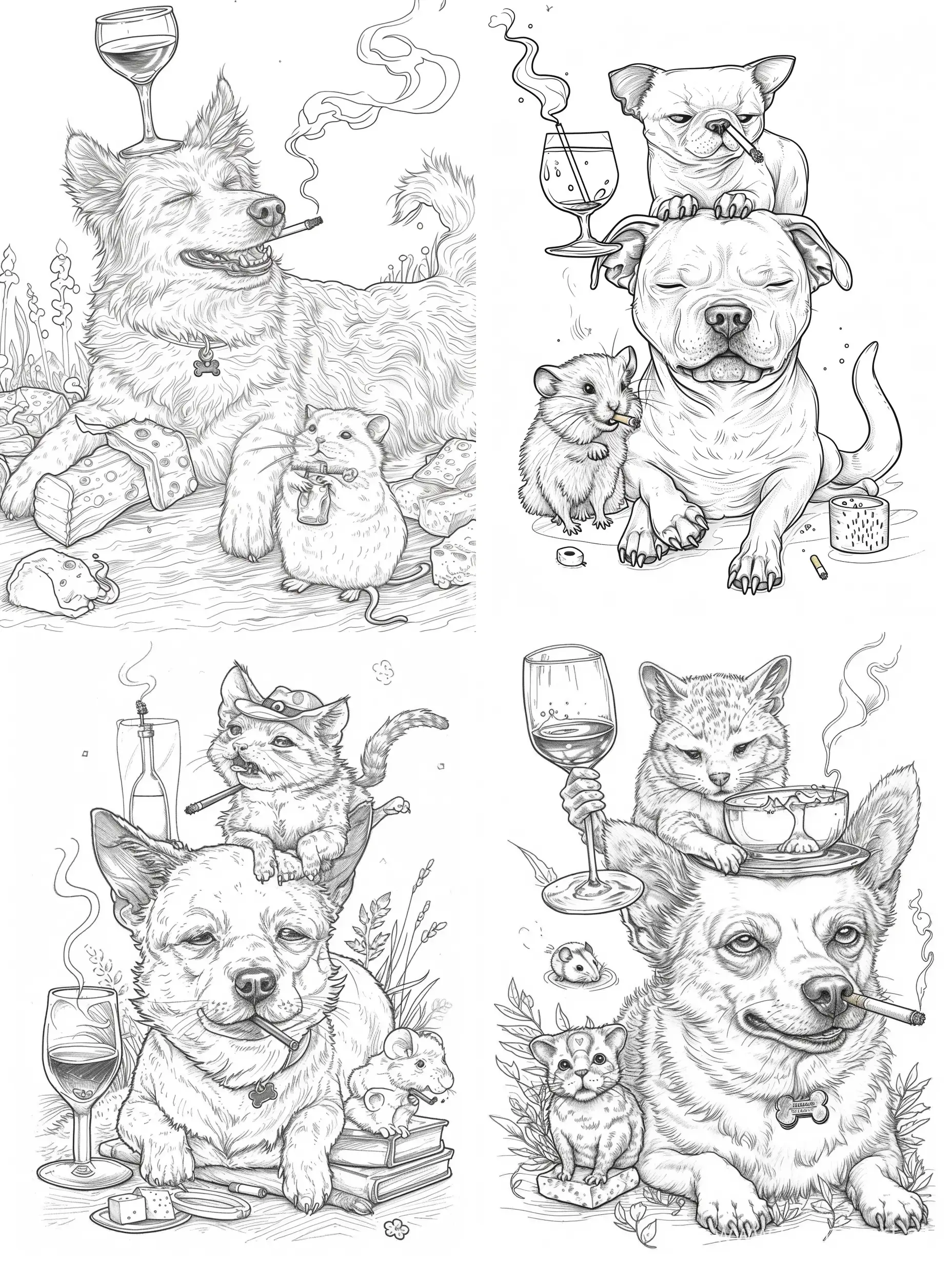 coloring book for children WITHOUT small details. very minimalistic for age three. The coloring book shows a dog with a glass of wine and a cat sitting on its head smoking cigarettes, and a hamster sitting on the cat eating cheese. minimalistic coloring without small details